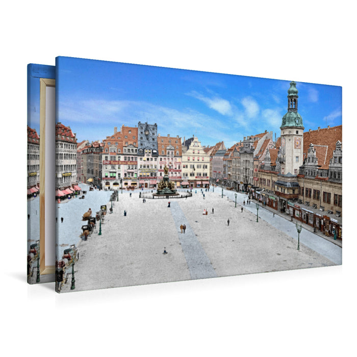 Premium Textil-Leinwand Premium Textil-Leinwand 120 cm x 80 cm quer Leipzig - Marktplatz mit Rathaus um 1900