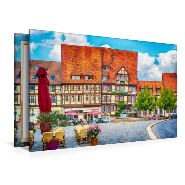 Premium Textil-Leinwand Premium Textil-Leinwand 120 cm x 80 cm quer Vor dem Mathildenbrunnen in der Neustadt in Quedlinburg, die vor den Mauern der Altstadt um 1200 entstand.