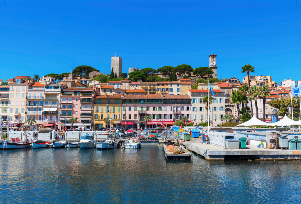 Toile textile premium Toile textile premium 120 cm x 80 cm paysage Vue du port à la vieille ville de Cannes 