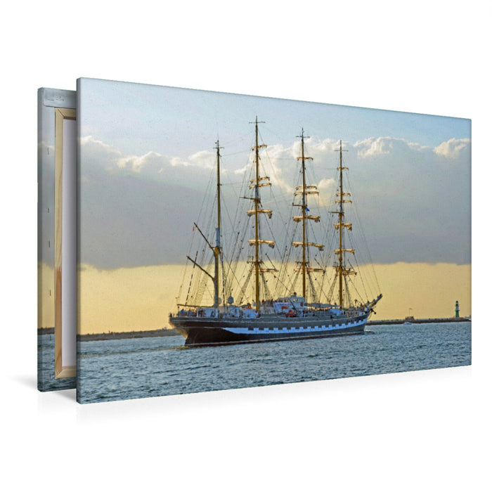 Premium Textil-Leinwand Premium Textil-Leinwand 120 cm x 80 cm quer Die 114 m lange russische Viermastbark "Kruzenshtern" passiert die Warnemünder Westmole