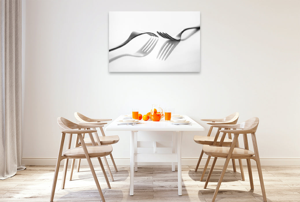 Premium textile canvas Premium textile canvas 120 cm x 80 cm landscape A motif from the calendar Abstract things from the kitchen - knives, forks and spoons creatively presented 