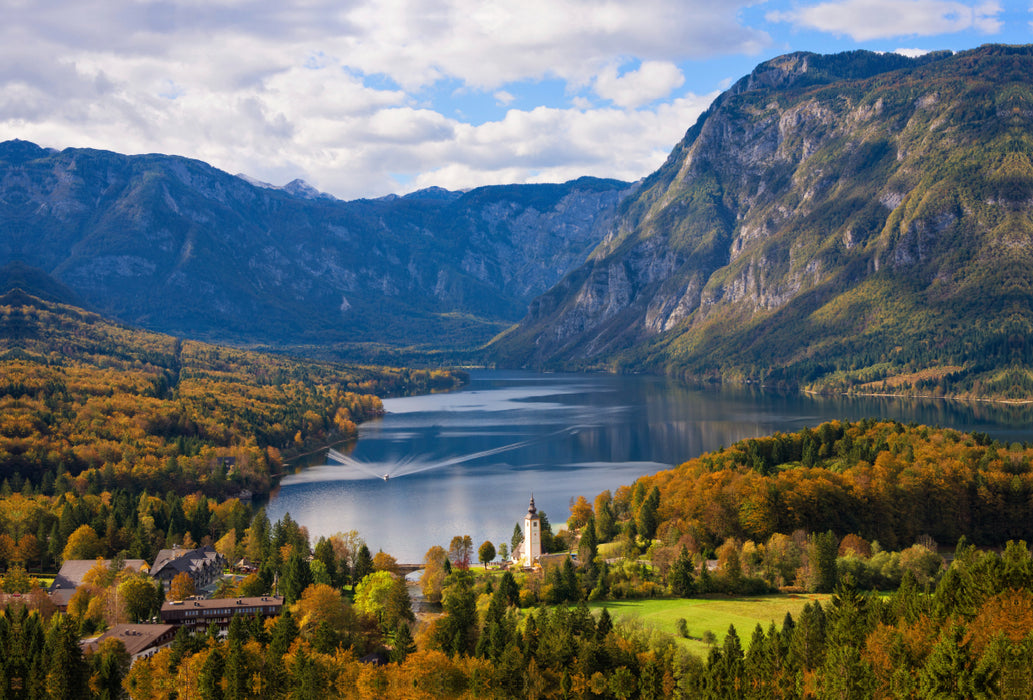 Toile textile haut de gamme Toile textile haut de gamme 120 cm x 80 cm Paysage Lac Bohinj Paysage en automne 