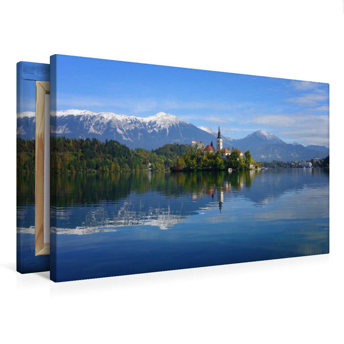 Toile textile premium Toile textile premium 75 cm x 50 cm paysage Reflet de l'église et des montagnes du lac de Bled 