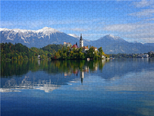 Reflexion der Kirche und der Berge im Bleder See - CALVENDO Foto-Puzzle - calvendoverlag 29.99