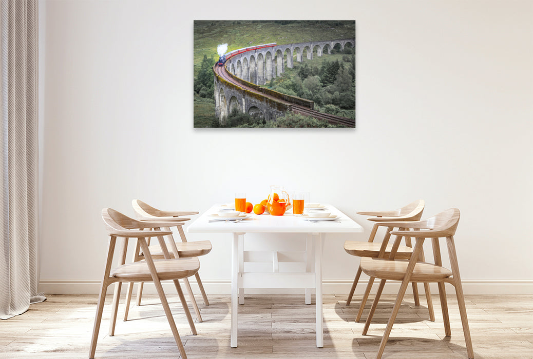 Premium Textil-Leinwand Premium Textil-Leinwand 120 cm x 80 cm quer Historische Dampfeisenbahn auf dem Glenfinnan Viaduct, Schottland