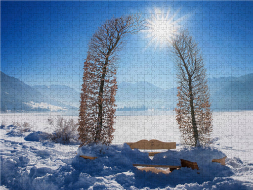 Stille Rast mit Aussicht auf die Winterlandschaft Schliersee Oberbayern - CALVENDO Foto-Puzzle - calvendoverlag 39.99