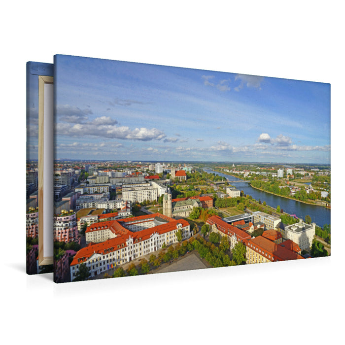 Premium Textil-Leinwand Premium Textil-Leinwand 120 cm x 80 cm quer Blick vom Magdeburger Dom auf die Elbe