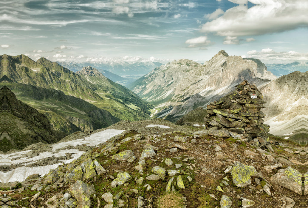 Premium textile canvas Premium textile canvas 120 cm x 80 cm landscape view of the Stubaital 