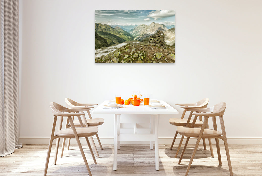 Premium textile canvas Premium textile canvas 120 cm x 80 cm landscape view of the Stubaital 