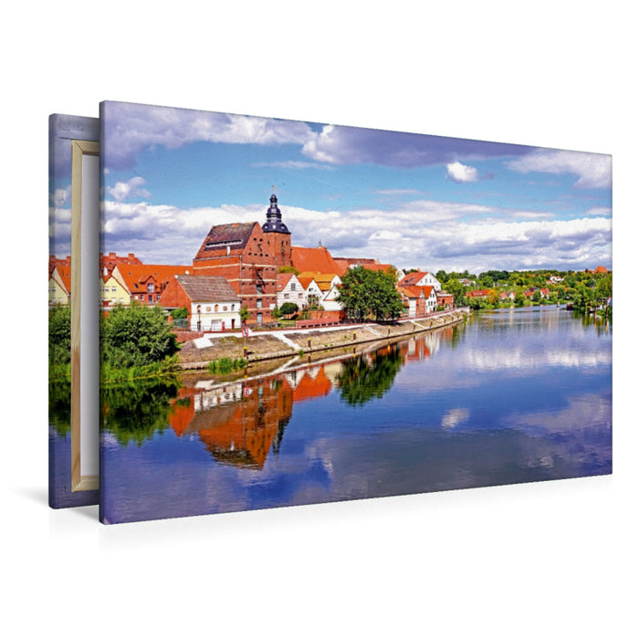 Premium Textil-Leinwand Premium Textil-Leinwand 120 cm x 80 cm quer Blick über die Havel zur Weinbergstraße in Havelberg