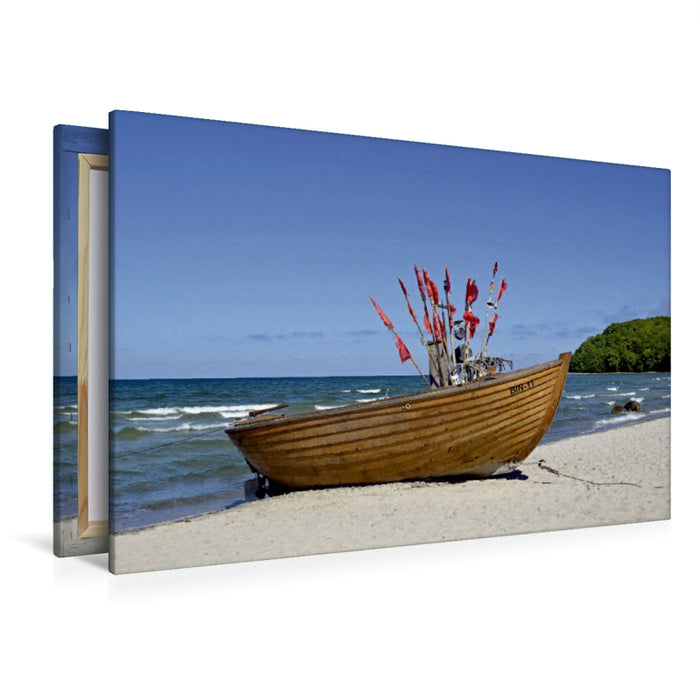 Premium Textil-Leinwand Premium Textil-Leinwand 120 cm x 80 cm quer Fischerboot am Strand in Binz