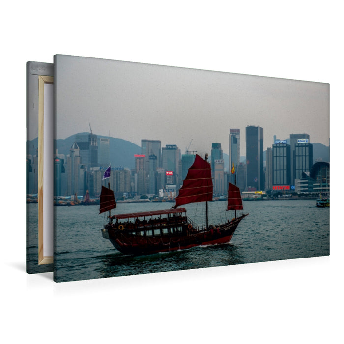 Premium Textil-Leinwand Premium Textil-Leinwand 120 cm x 80 cm quer Traditionelle Dschunke vor Skyline Hongkong Island