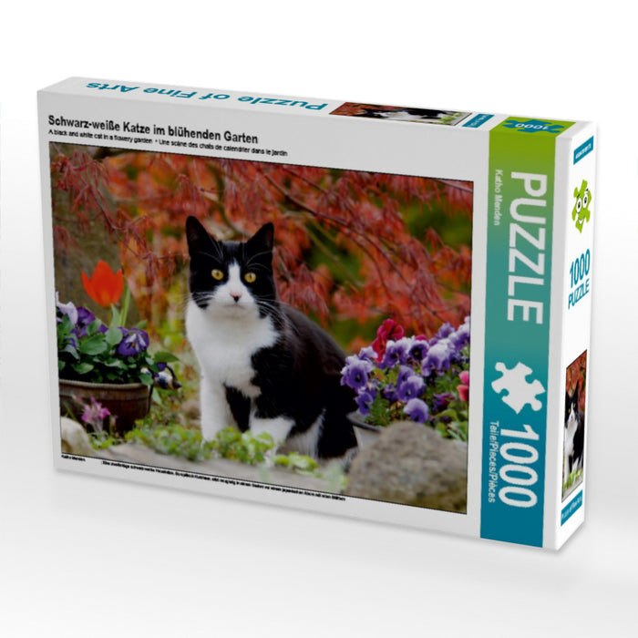 Schwarz-weiße Katze im blühenden Garten - CALVENDO Foto-Puzzle - calvendoverlag 29.99