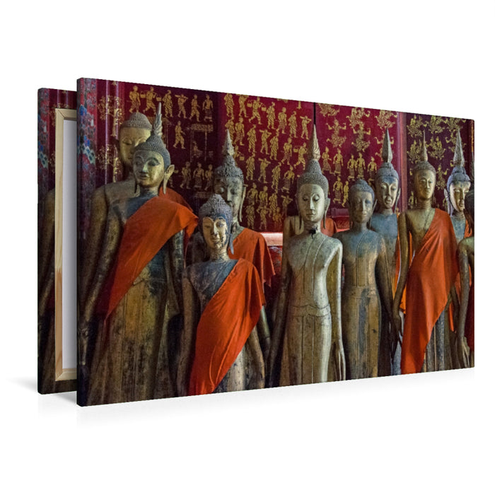 Premium Textil-Leinwand Premium Textil-Leinwand 120 cm x 80 cm quer Stimmungsvoller Tempelbesuch in Laos