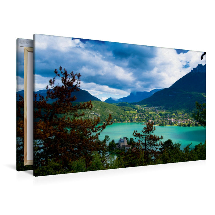 Premium Textil-Leinwand Premium Textil-Leinwand 120 cm x 80 cm quer Blick von Duingt auf den Lac d'Annecy