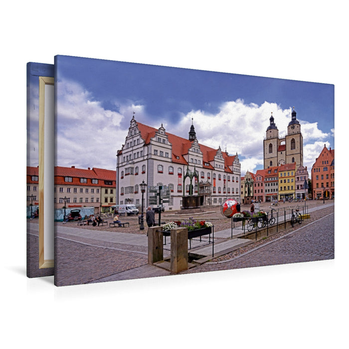 Premium Textil-Leinwand Premium Textil-Leinwand 120 cm x 80 cm quer Marktplatz mit Rathaus in Luterstadt Wittenberg und Stadtkirche St. Marien