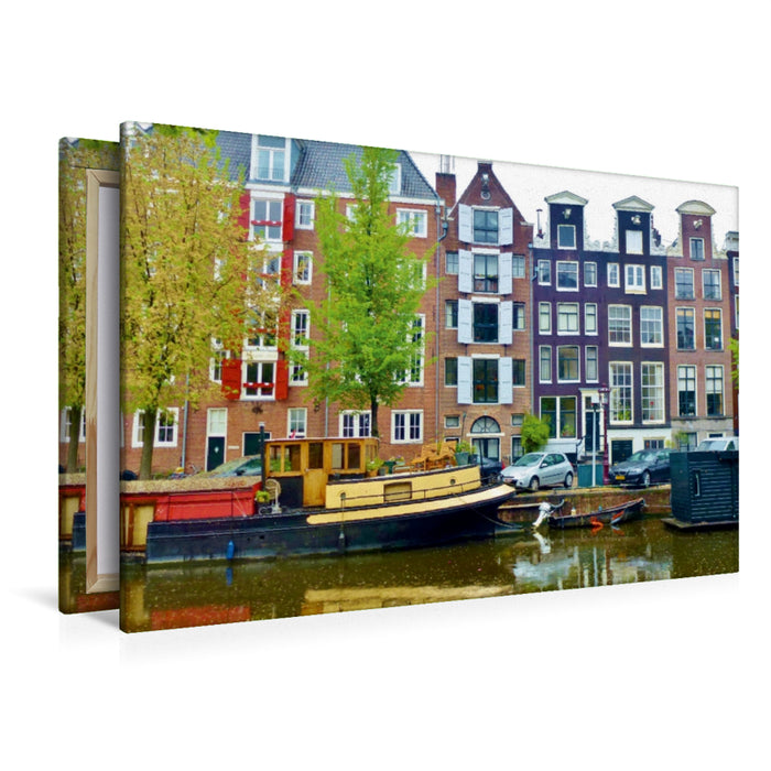 Premium Textil-Leinwand Premium Textil-Leinwand 120 cm x 80 cm quer Amsterdam - Gracht mit Hausboot