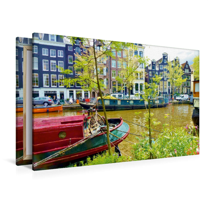 Premium Textil-Leinwand Premium Textil-Leinwand 120 cm x 80 cm quer Amsterdam - Hausboote an der Prinsengracht