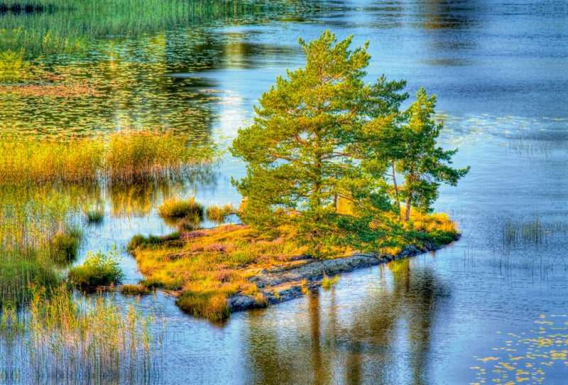 Toile textile haut de gamme Toile textile haut de gamme 120 cm x 80 cm paysage Longing Suède - île avec des arbres dans le plus grand lac de Suède - Vänern 