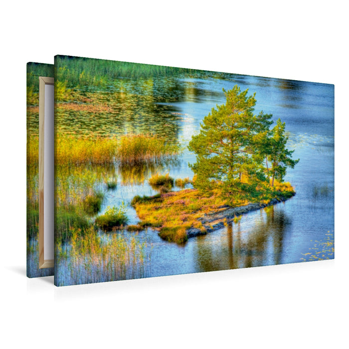 Toile textile haut de gamme Toile textile haut de gamme 120 cm x 80 cm paysage Longing Suède - île avec des arbres dans le plus grand lac de Suède - Vänern 