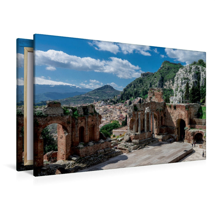 Toile textile premium Toile textile premium 120 cm x 80 cm paysage Teatro Greco avec Etna en arrière-plan, Taormina 