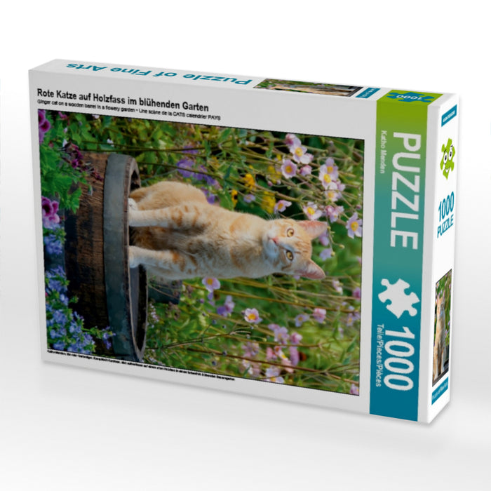 Rote Katze auf Holzfass im blühenden Garten - CALVENDO Foto-Puzzle - calvendoverlag 29.99