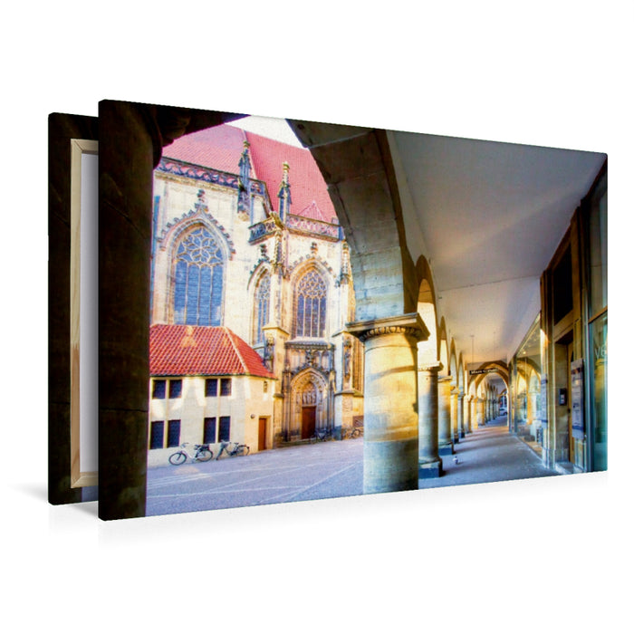 Premium Textil-Leinwand Premium Textil-Leinwand 120 cm x 80 cm quer Münster - Die typischen Rundbögen am Lambertikirch-Platz, Blick auf Lambertikirche