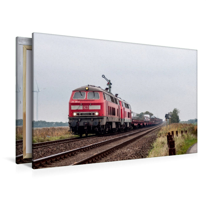 Premium Textil-Leinwand Premium Textil-Leinwand 120 cm x 80 cm quer Baureihe 218 mit Autozug in Klanxbüll