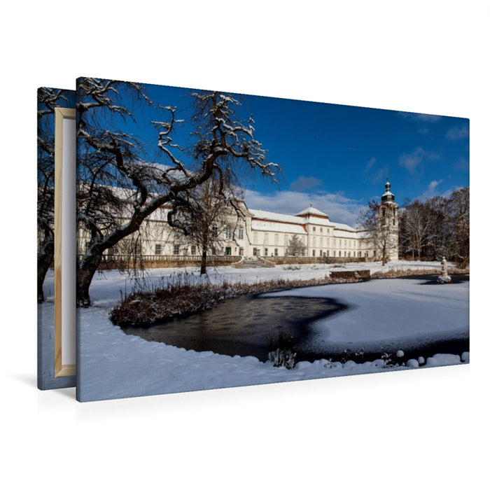 Premium Textil-Leinwand Premium Textil-Leinwand 120 cm x 80 cm quer Blick aus dem verschneiten Park auf Schloss Fasanerie