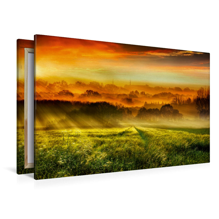 Premium Textil-Leinwand Premium Textil-Leinwand 120 cm x 80 cm quer Sonnenaufgang über dem Getreidefeld