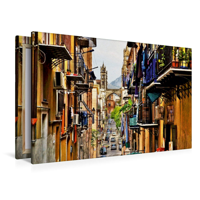 Premium Textil-Leinwand Premium Textil-Leinwand 120 cm x 80 cm quer Im malerischen Gassengewirr der Altstadt von Palermo