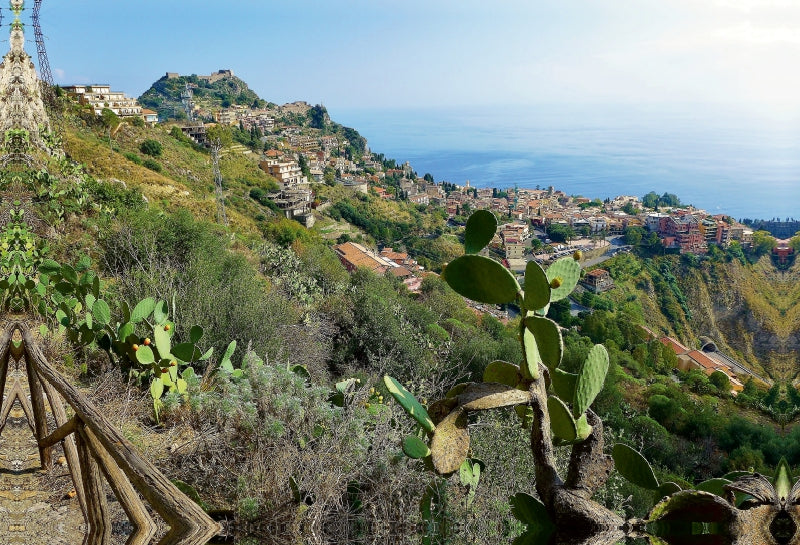 Toile textile haut de gamme Toile textile haut de gamme 90 cm x 60 cm vue paysage du village de montagne de Castelmola à Taormina 