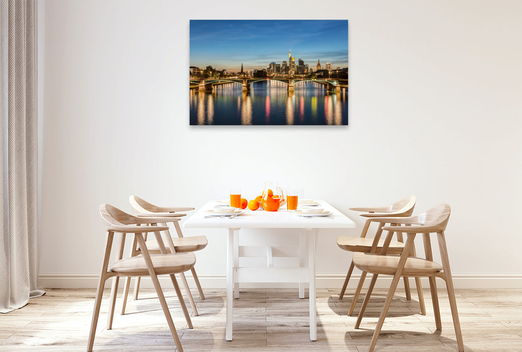 Premium textile canvas Premium textile canvas 120 cm x 80 cm landscape Skyline Frankfurt and Ignatz Bubis Bridge 