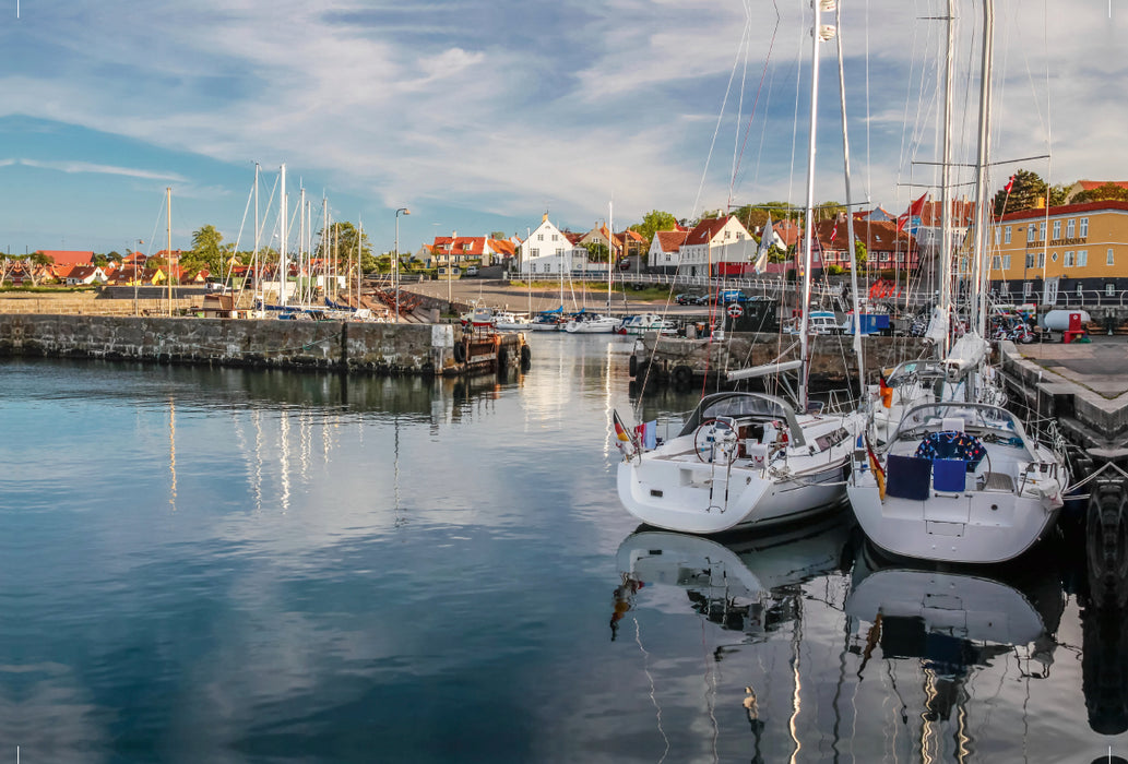 Premium textile canvas Premium textile canvas 120 cm x 80 cm landscape Sailing boats in the harbor of Svaneke on Bornholm 