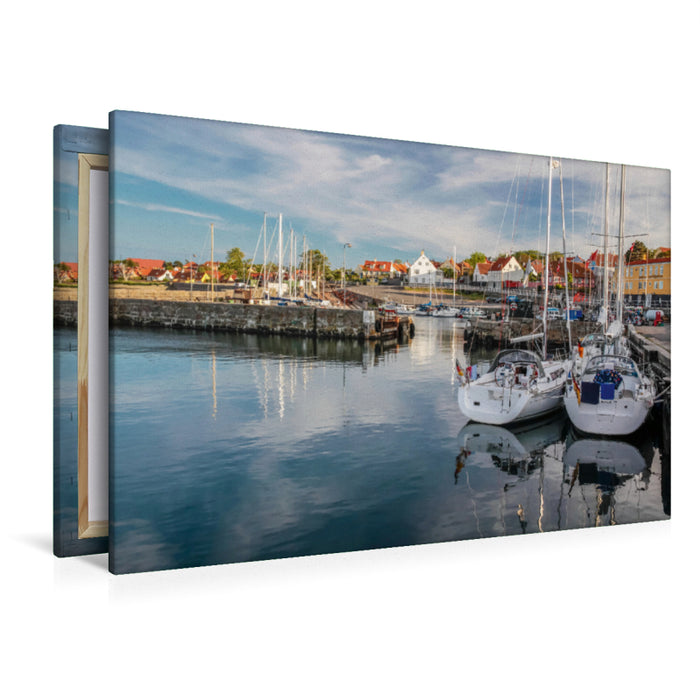 Premium textile canvas Premium textile canvas 120 cm x 80 cm landscape Sailing boats in the harbor of Svaneke on Bornholm 