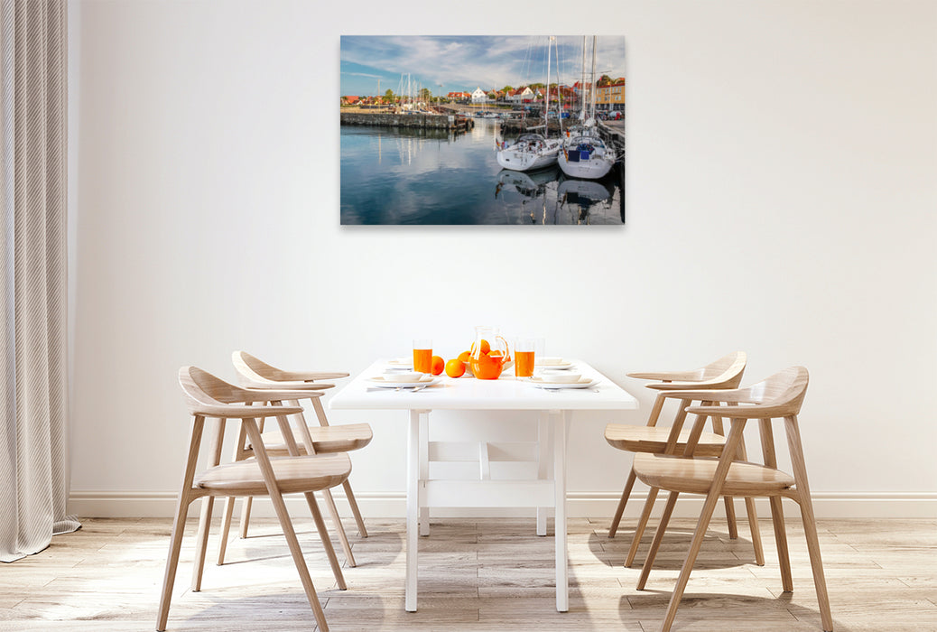 Premium textile canvas Premium textile canvas 120 cm x 80 cm landscape Sailing boats in the harbor of Svaneke on Bornholm 