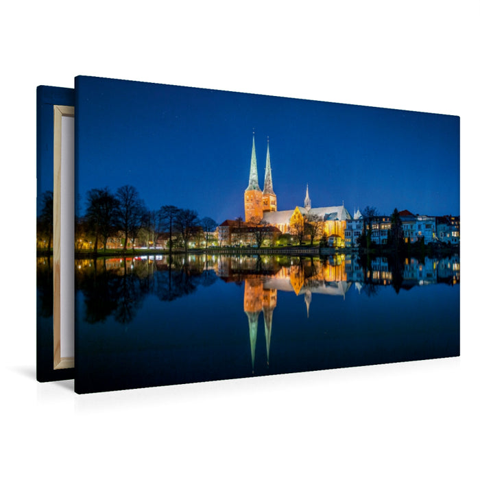 Toile textile haut de gamme Toile textile haut de gamme 120 cm x 80 cm paysage Cathédrale de Lübeck avec réflexion sur l'étang du moulin 