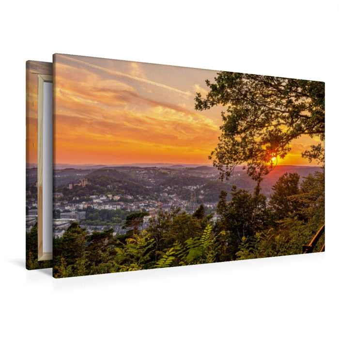 Premium Textil-Leinwand Premium Textil-Leinwand 120 cm x 80 cm quer Sonnenuntergang über Marburg