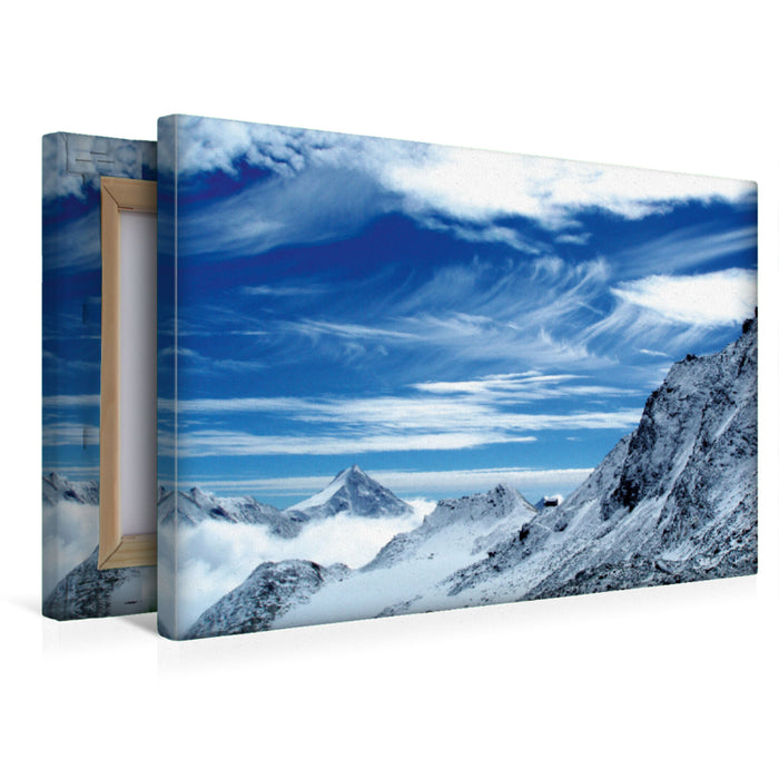 Premium textile canvas Premium textile canvas 45 cm x 30 cm landscape Britanniahütte with Klein Allalin and Stellihorn 