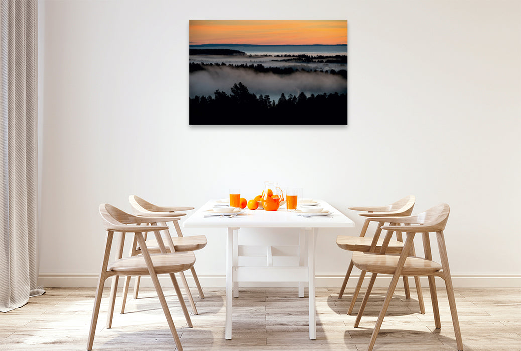 Premium Textil-Leinwand Premium Textil-Leinwand 120 cm x 80 cm quer Blick von Klintens Utsikt auf Karlsborg am Vätternsee beim Sonnenaufgang, Schweden