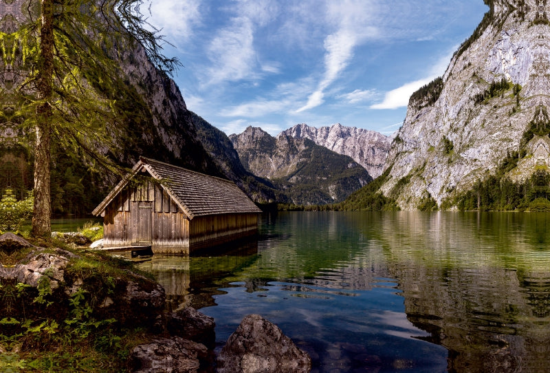 Premium Textil-Leinwand Premium Textil-Leinwand 120 cm x 80 cm quer Obersee - Blick talauswärts auf die Hachelköpfe und den Watzmann