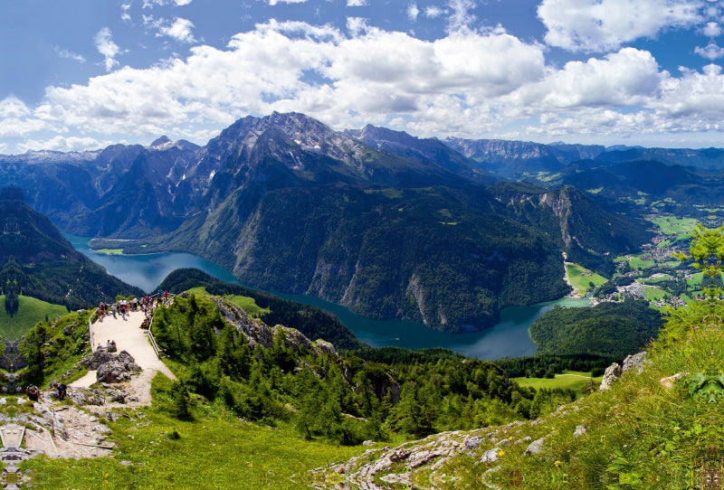 Premium Textil-Leinwand Premium Textil-Leinwand 120 cm x 80 cm quer Der Königssee im Berchtesgadener Land – Panoramablick vom Jenner in 1,874 m Höhe.