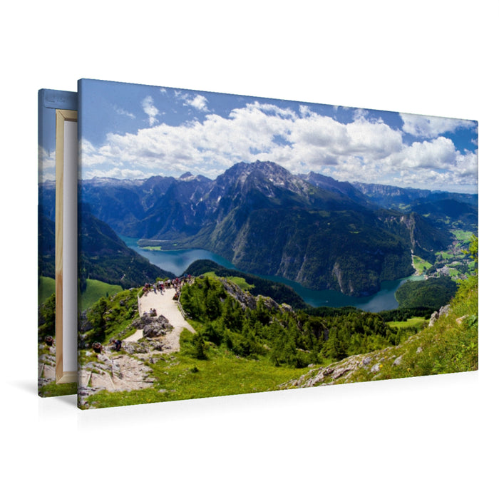 Premium Textil-Leinwand Premium Textil-Leinwand 120 cm x 80 cm quer Der Königssee im Berchtesgadener Land – Panoramablick vom Jenner in 1,874 m Höhe.