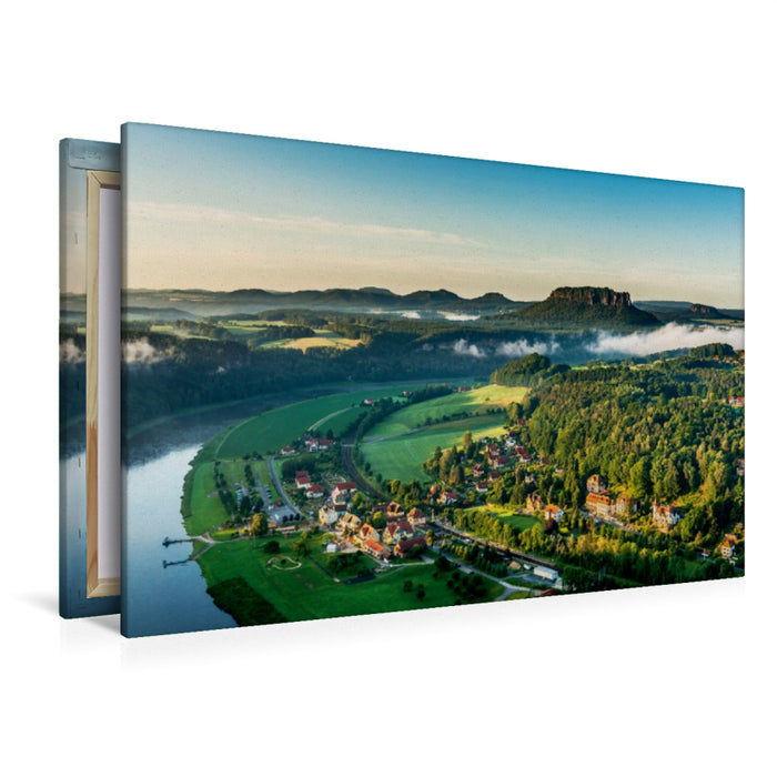 Premium Textil-Leinwand Premium Textil-Leinwand 120 cm x 80 cm quer Blick auf Elbe und den Kurort Rathen, Sächsische Schweiz