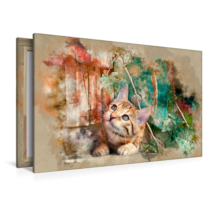 Premium Textil-Leinwand Premium Textil-Leinwand 120 cm x 80 cm quer Die junge Katze unter´m Zaun