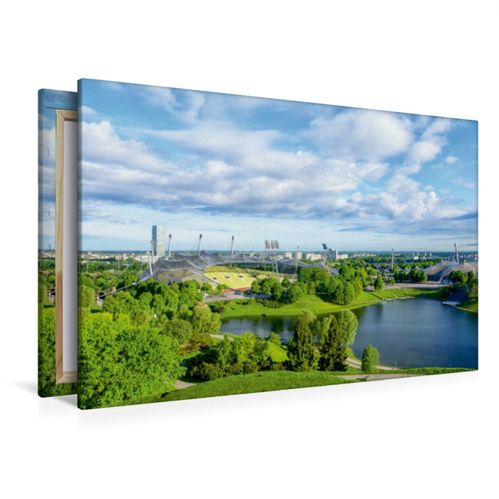 Premium Textil-Leinwand Premium Textil-Leinwand 120 cm x 80 cm quer Blick auf den Olympiasee und das Stadion