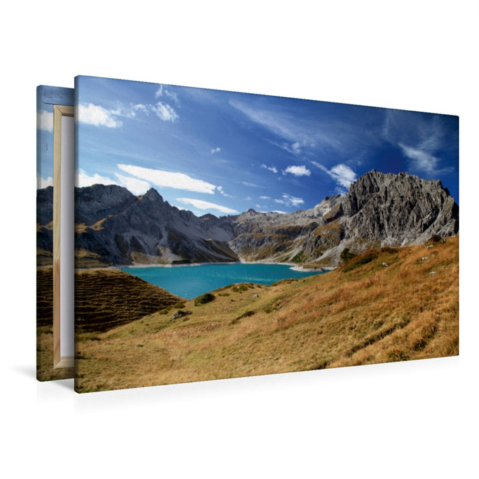 Premium Textil-Leinwand Premium Textil-Leinwand 120 cm x 80 cm quer Böser Tritt am Lünersee