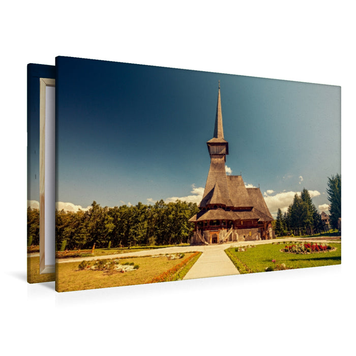 Premium Textil-Leinwand Premium Textil-Leinwand 120 cm x 80 cm quer Holzkirche bei Sapânta