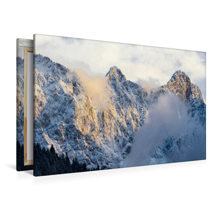 Premium Textil-Leinwand Premium Textil-Leinwand 120 cm x 80 cm quer Blick auf den Dachstein bei Sonnenuntergang