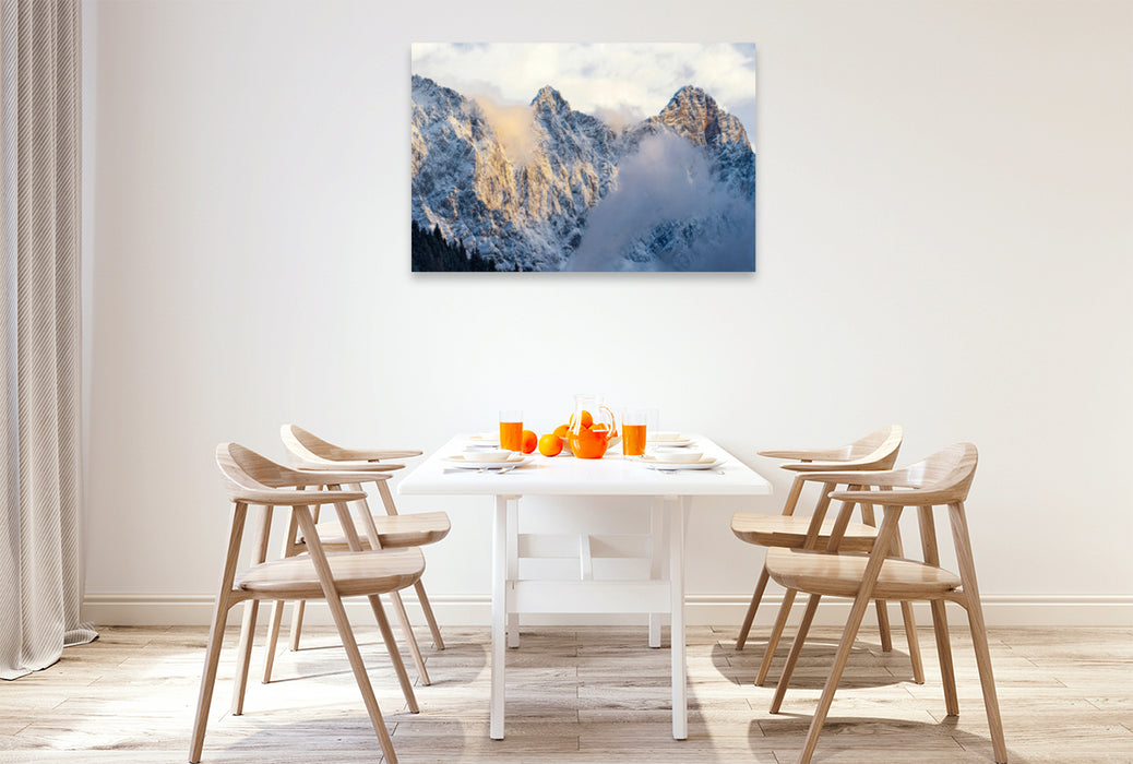 Premium Textil-Leinwand Premium Textil-Leinwand 120 cm x 80 cm quer Blick auf den Dachstein bei Sonnenuntergang